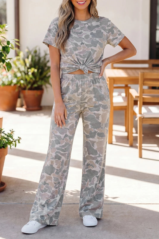 DLLS575 - Ladies Multicolor Camouflage Top and High Waist Wide Leg Pants Set