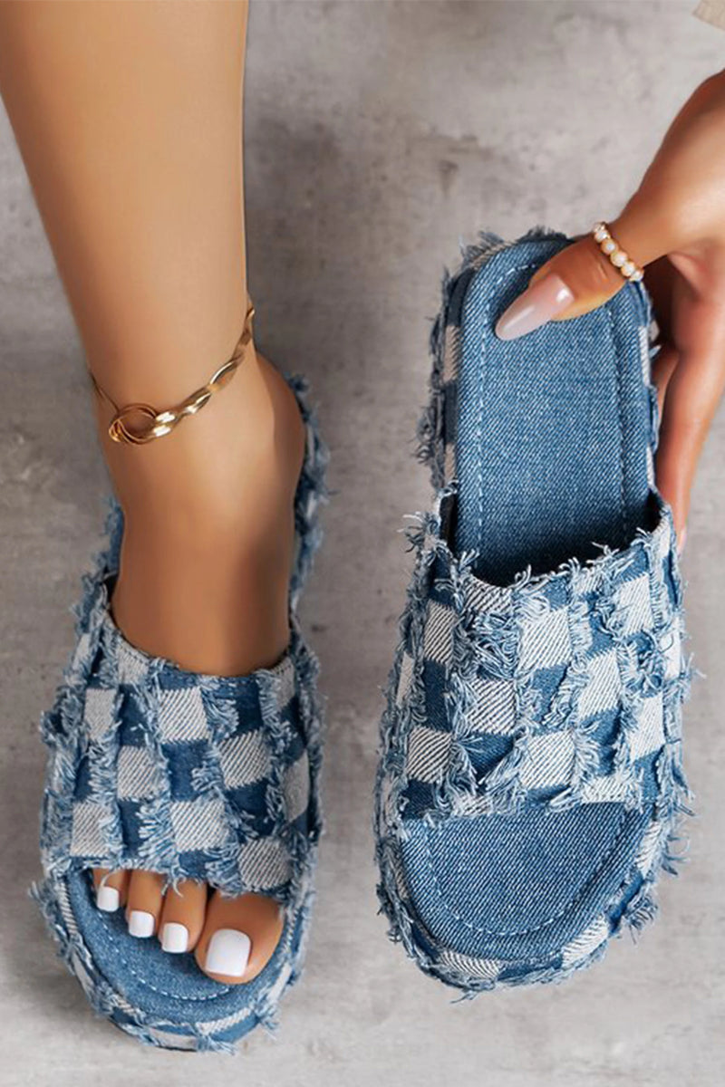 Load image into Gallery viewer, DLLSHOE 121 - Peacock Blue Frayed Checkered Pattern Low Platform Canvas Slippers
