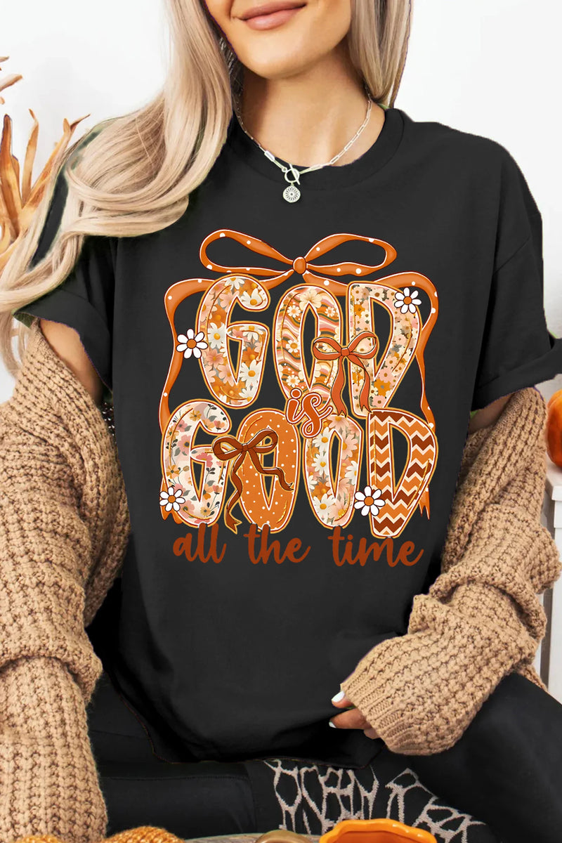 Load image into Gallery viewer, DLLS776 - Ladies Black GOD IS GOOD Thanksgiving Theme Print Custom Graphic Tee
