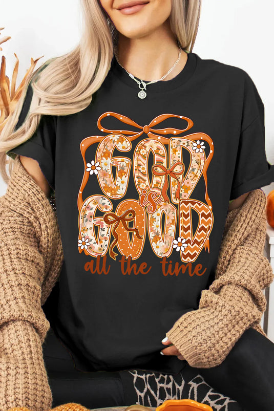 DLLS776 - Ladies Black GOD IS GOOD Thanksgiving Theme Print Custom Graphic Tee