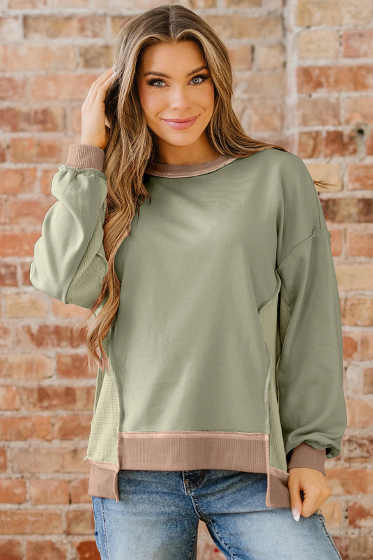 DLLS396 - Ladies Smoke Green Color Block Mix Texture Waffle Patchwork Oversize Sweatshirt