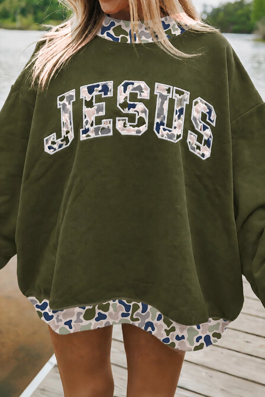 DLLS1093 - Ladies Four Leaf Clover Western Contrast Detail Letter Graphic Baggy Sweatshirt