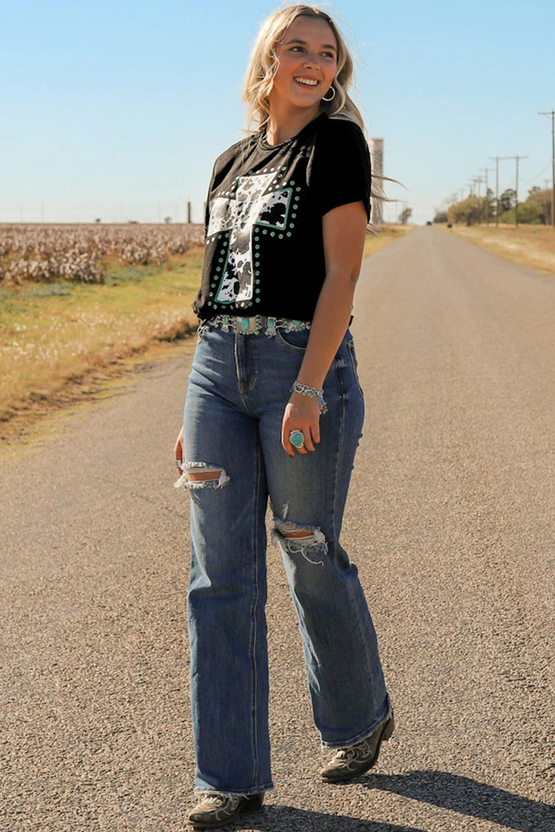Load image into Gallery viewer, DLLS746 - Ladies Black Animal Print Cross Graphic Tee
