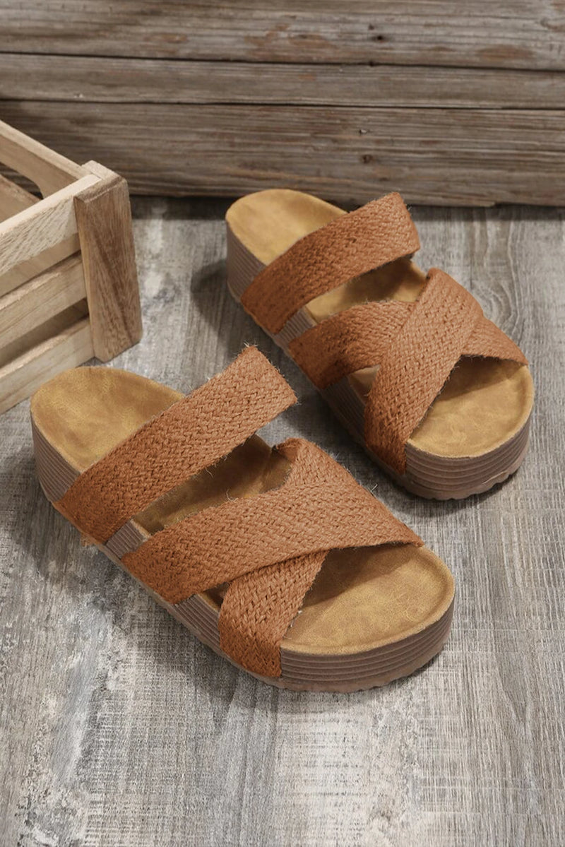 Load image into Gallery viewer, DLLSHOE 126 - Brown Woven Cross Criss Hollowed Slip-On Slippers
