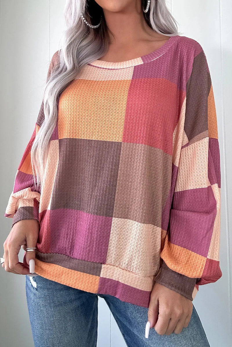 Load image into Gallery viewer, DLLS198 - Ladies Rose Red Checkered Print Textured Knit Long Sleeve Loose Top
