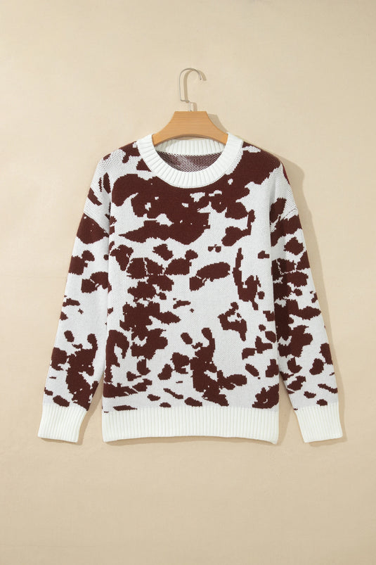 DLLS1024 - Ladies Brown Cow Pattern Long Sleeve Round Neck Pullover Knitwear Sweater
