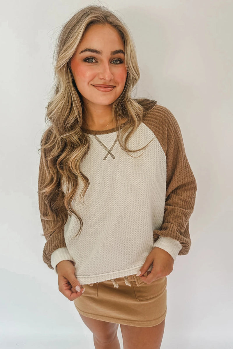 Load image into Gallery viewer, DLLS246 - Ladies Camel Waffle Color Block Raglan Sleeve Top
