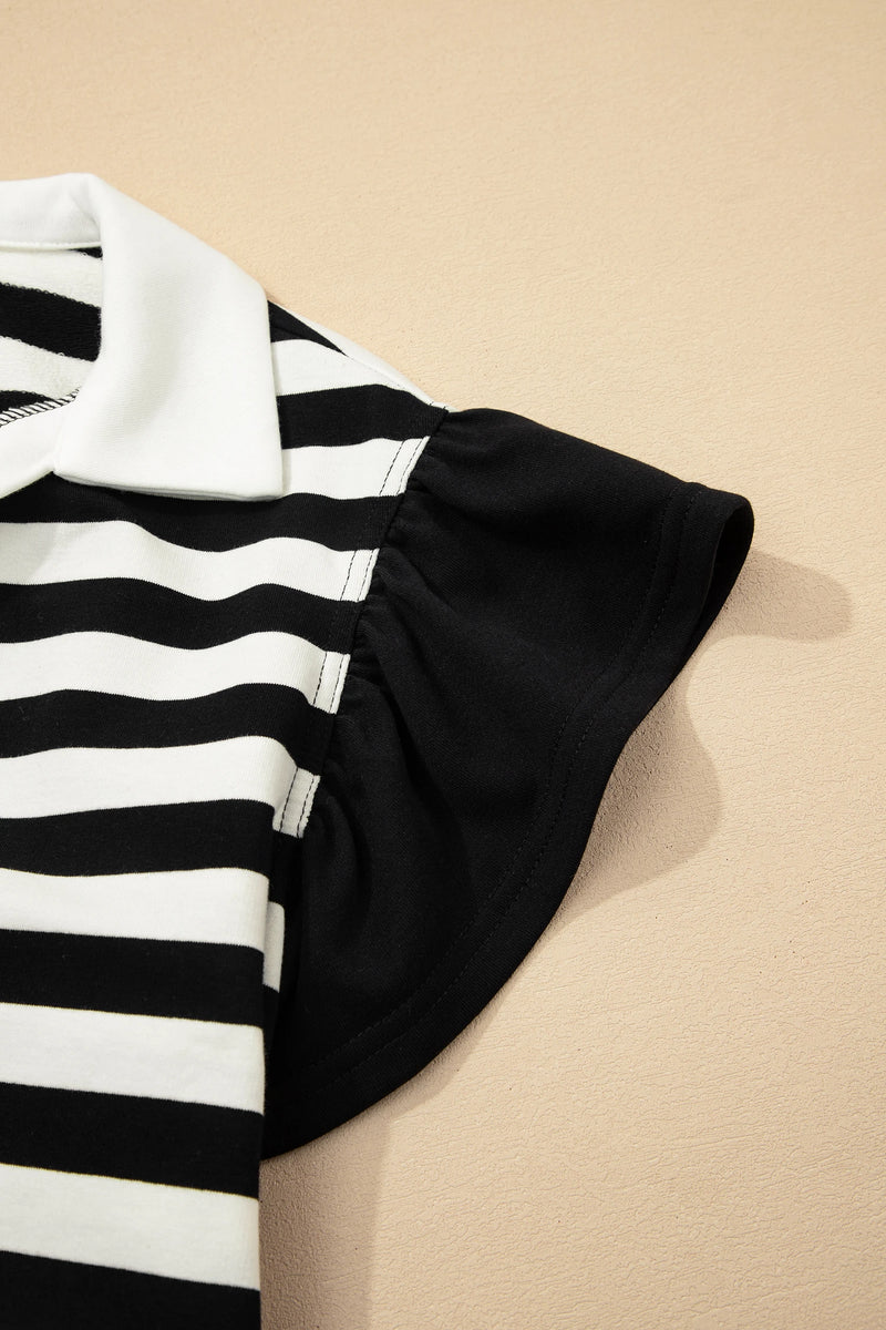 Load image into Gallery viewer, DLLS381- Ladies Black Stripe Collar V Neck Ruffled Short Sleeve Blouse
