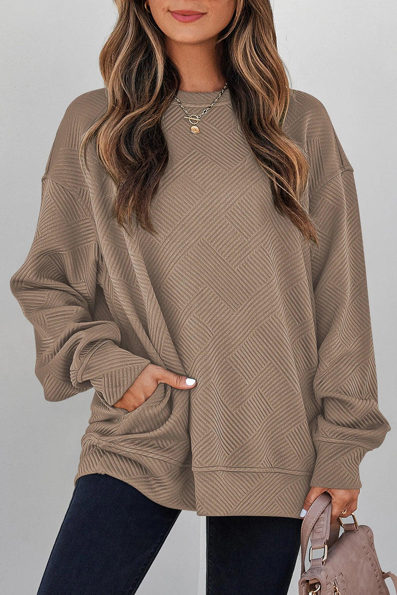 Load image into Gallery viewer, DLLS1014 - Ladies Parchment Solid Color Textured Round Neck Drop Shoulder
