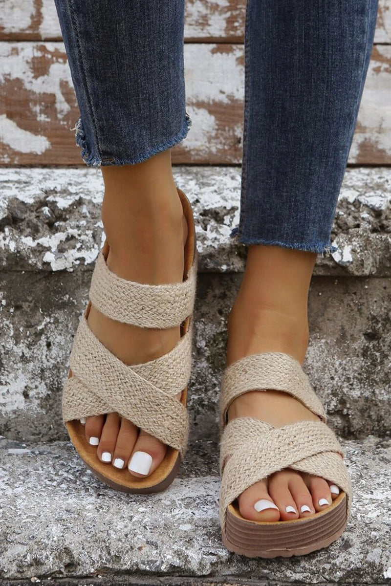 Load image into Gallery viewer, DLLSHOE 97 - Beige Woven Cross Criss Hollowed Slip-On Slippers
