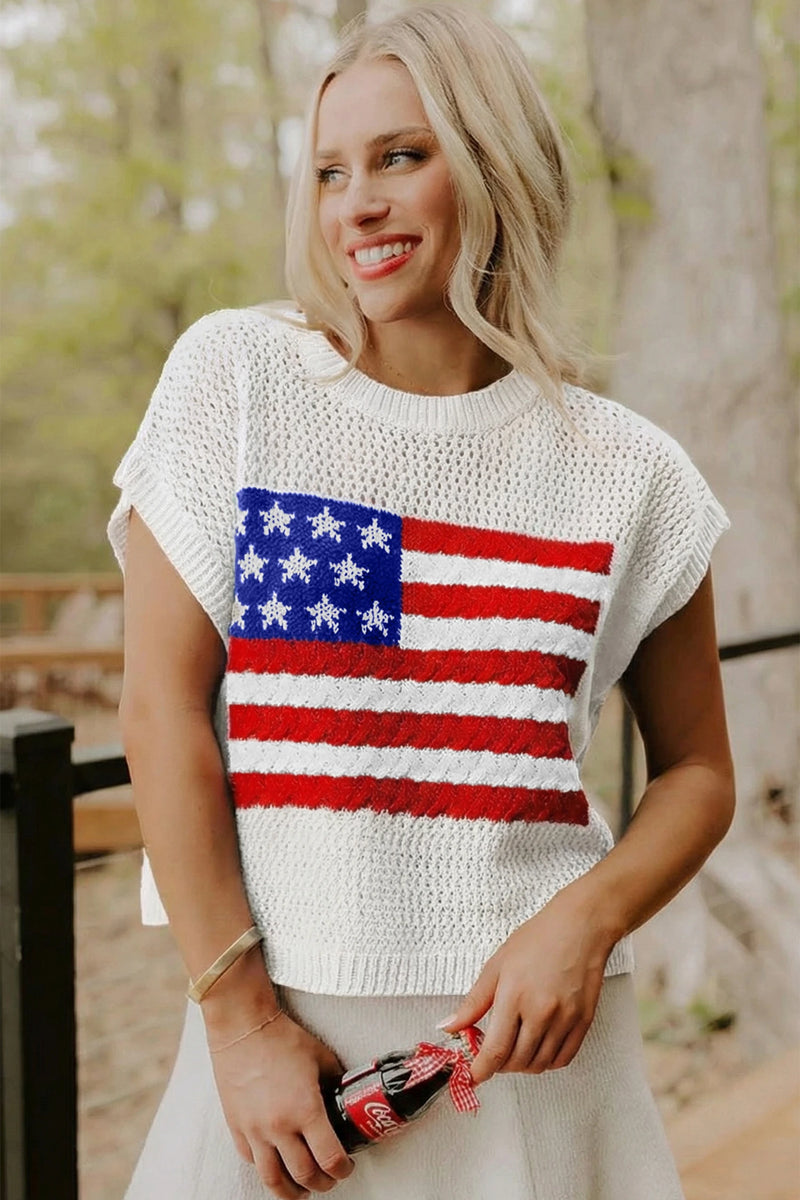 Load image into Gallery viewer, DLLS516 - Ladies White Flag Graphic Short Sleeve Sweater Top
