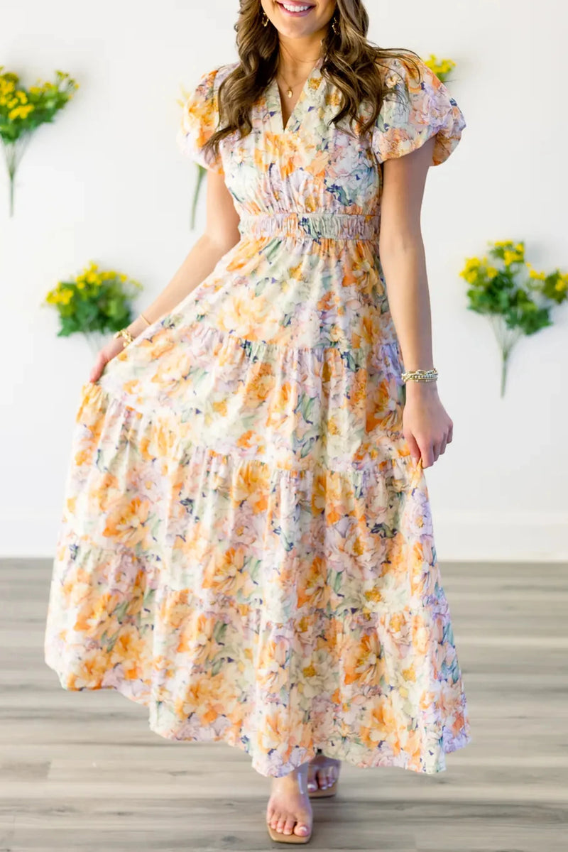 Load image into Gallery viewer, DLLS607 - Ladies Orange Floral Bubble Sleeve V Neck Flared Maxi Dress
