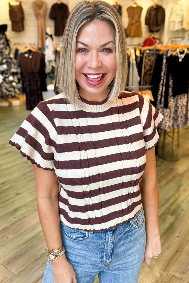 Load image into Gallery viewer, DLLS1151 - Ladies Brown Stripe Ribbed Knit Cable Detail Short Sleeve Sweater
