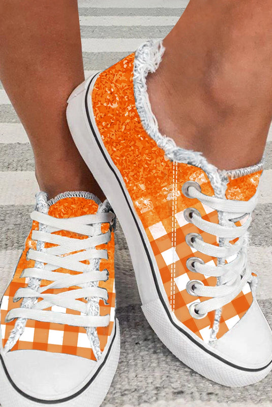 DLLSHOE 141 - Orange Checkered Flat Canvas Shoes