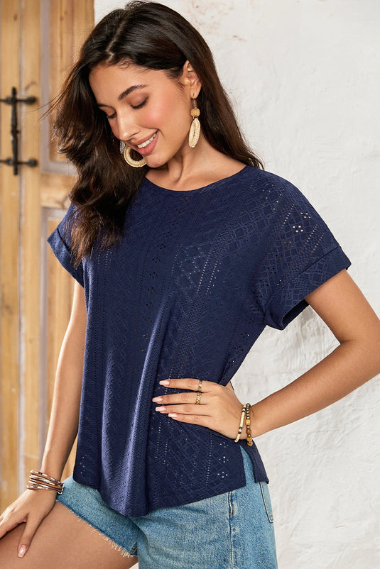 DLLS441 - Ladies Navy Blue Solid Color Eyelet Jacquard Cuffed Short Sleeve Top