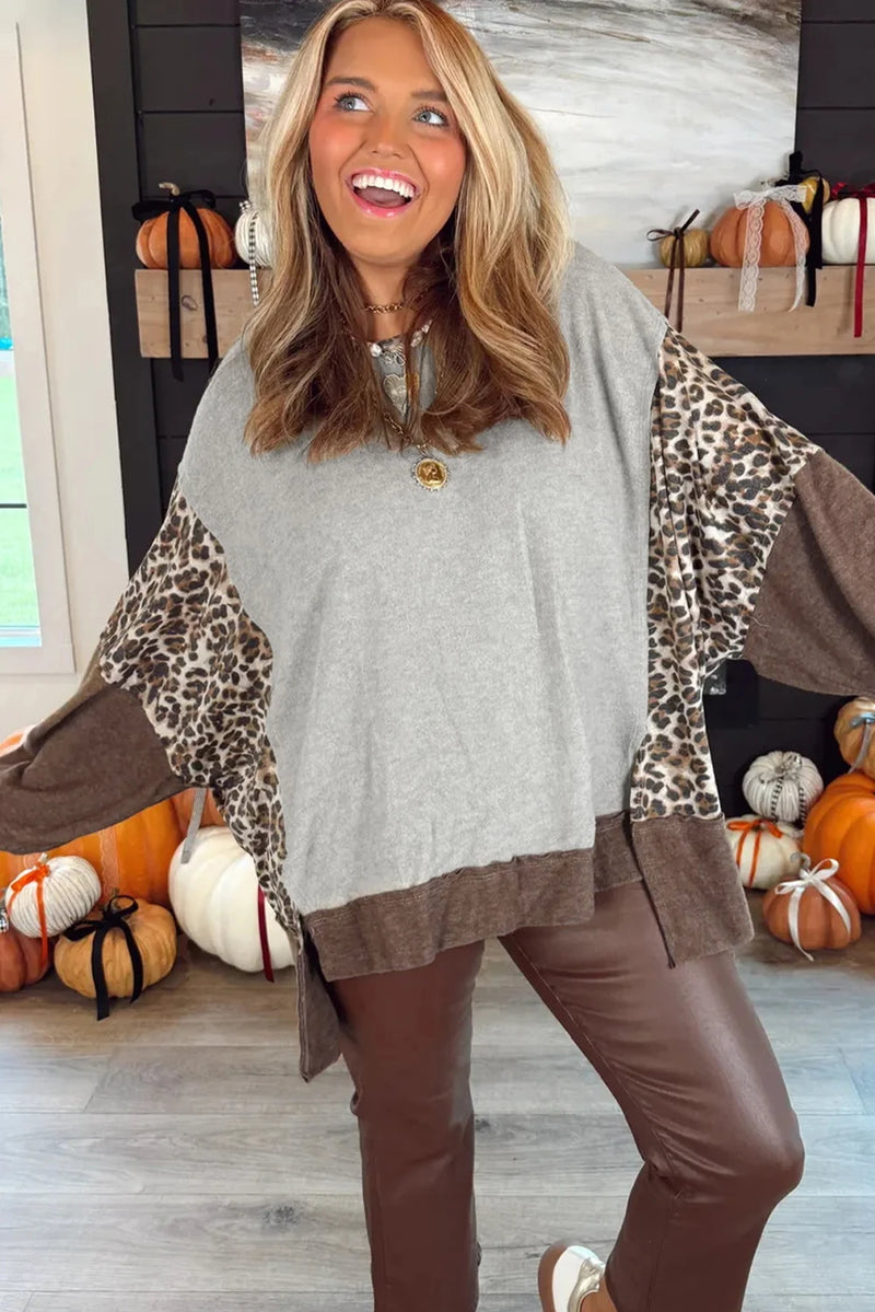 Load image into Gallery viewer, DLLS184 - Ladies Gray Color Block Leopard Patchwork Dolman Sleeve High Low Baggy Sweatshirt
