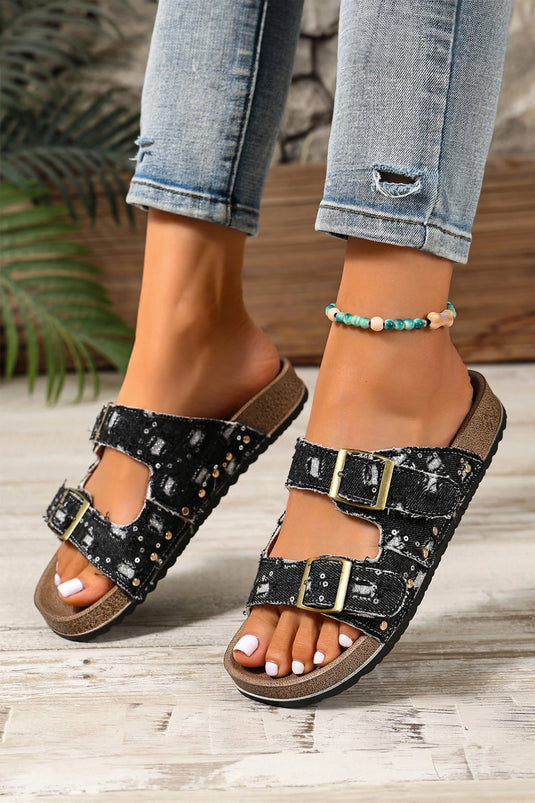 DLLSHOE 119 - Black White Leopard Two-Tone Retro Buckle Straps Faux Slippers