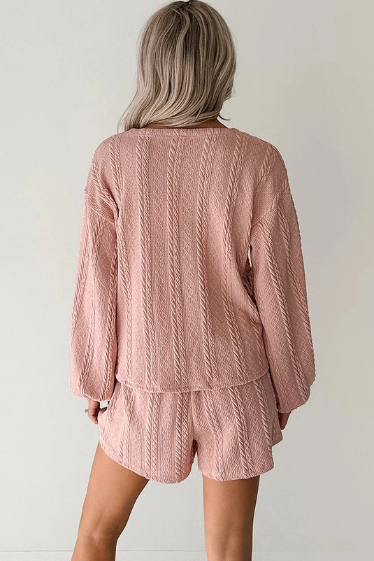 DLLS369 - Ladies Gossamer Pink Cable Knit V Neck Cardigan Shorts Set
