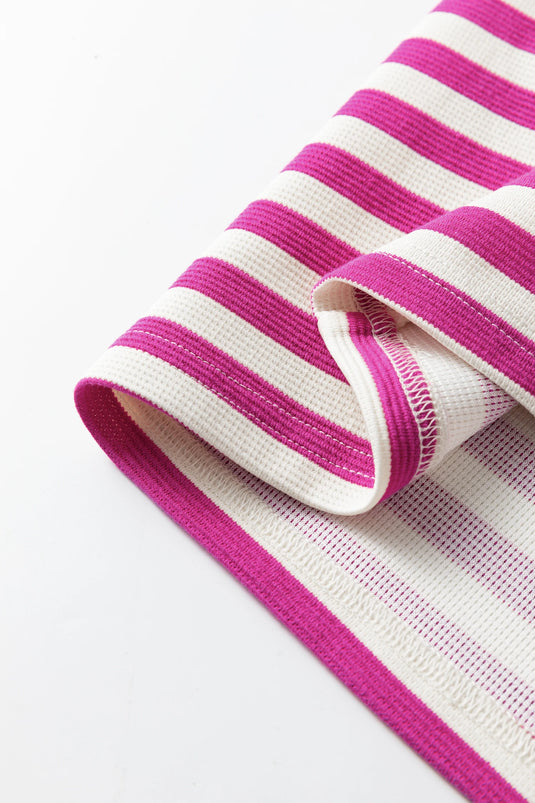 DLLS539 - Ladies Rose Stripe Short Puff Sleeve Contrast Trim Round Neck Tee