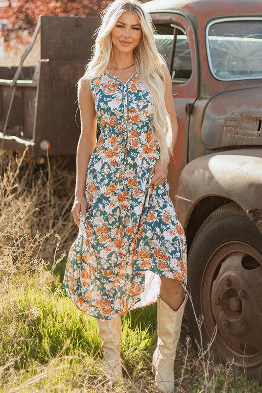 DLLS586 - Ladies Green Floral Print Trimmed V Neck Tie Waist Sleeveless Long Dress