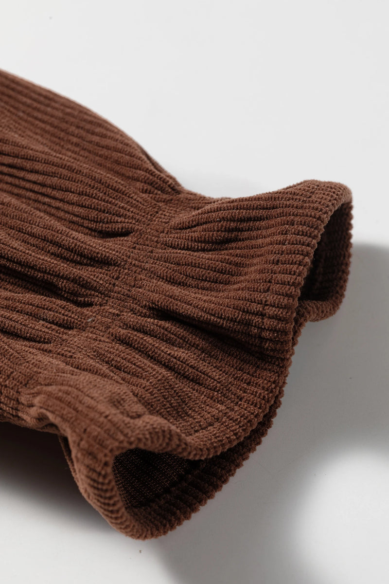 Load image into Gallery viewer, DLLS727 - Ladies Coffee Color Ruffle Trim V Neck Long Sleeve Button Corduroy Shakcet

