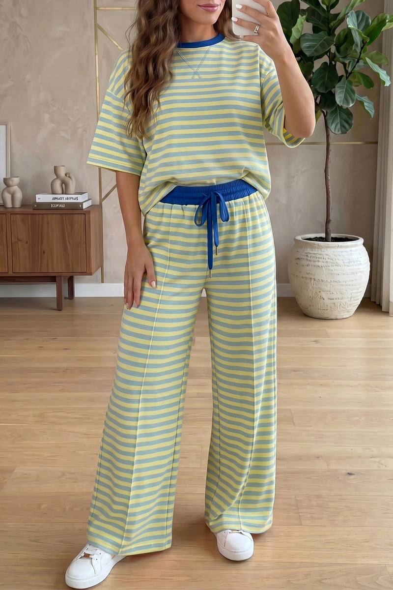 Load image into Gallery viewer, DLLS778 - Ladies Yellow Stripe Crew Neck Loose Tee Drawstring Waist 2pcs Pant Set
