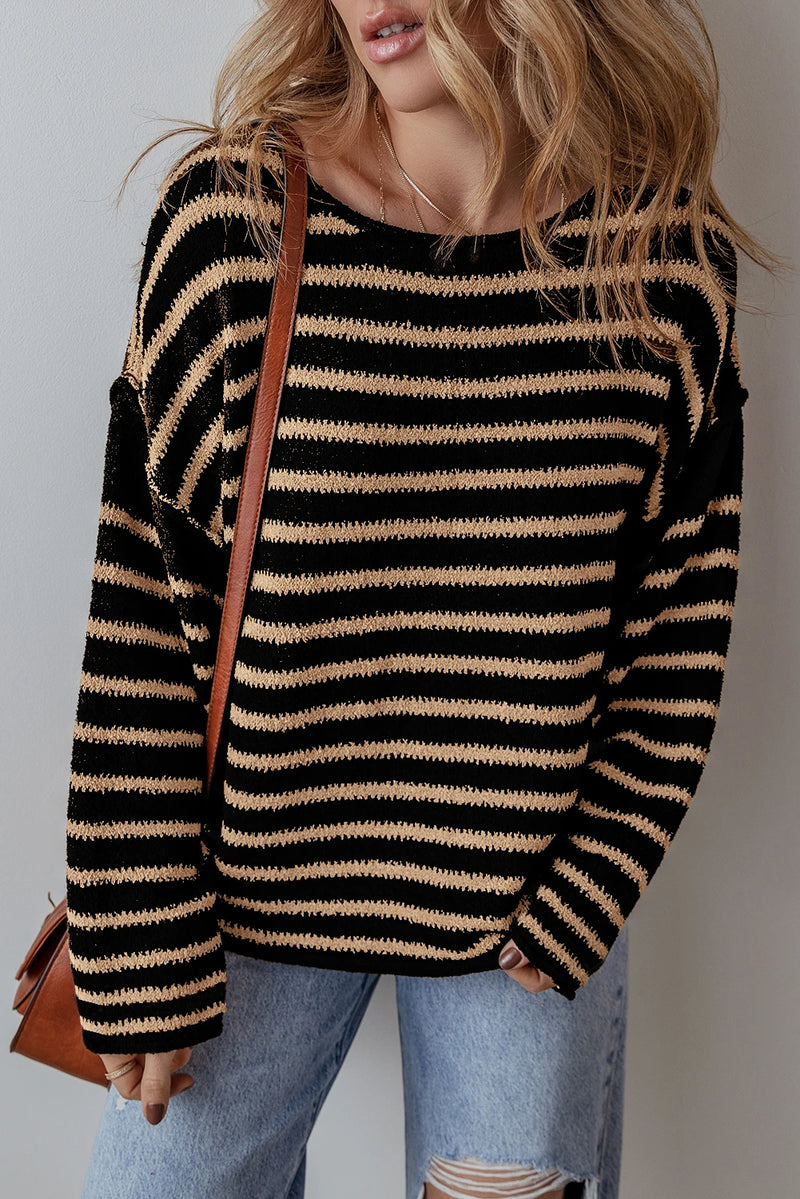 Load image into Gallery viewer, DLLS135 - Ladies Black Stripe Drop Shoulder Round Neck Loose Sweater

