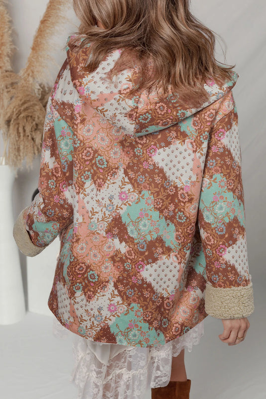 DLLS166 - Ladies Khaki Vintage Floral Printed Sherpa Lined Hooded Jacket