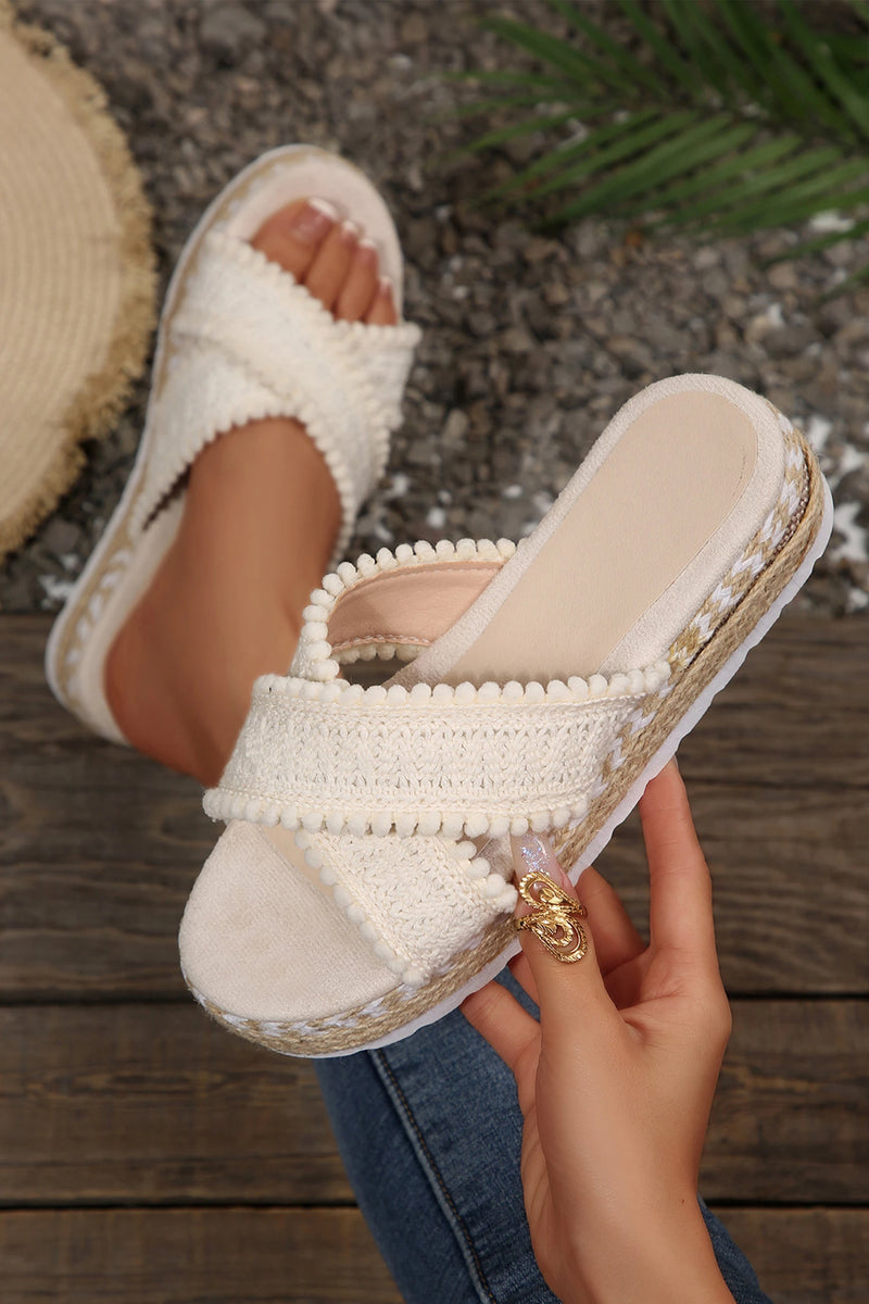 Load image into Gallery viewer, DLLSHOE 20 - White Pompom Knit Platform Slide Slippers
