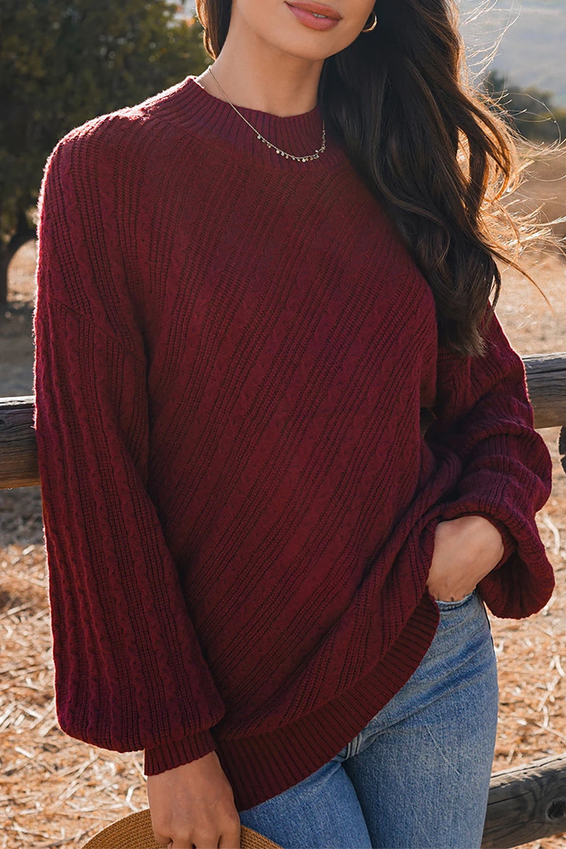 Load image into Gallery viewer, DLLS302 - Ladies Red Dahlia Textured Knit High Neck Drop Shoulder Sweater
