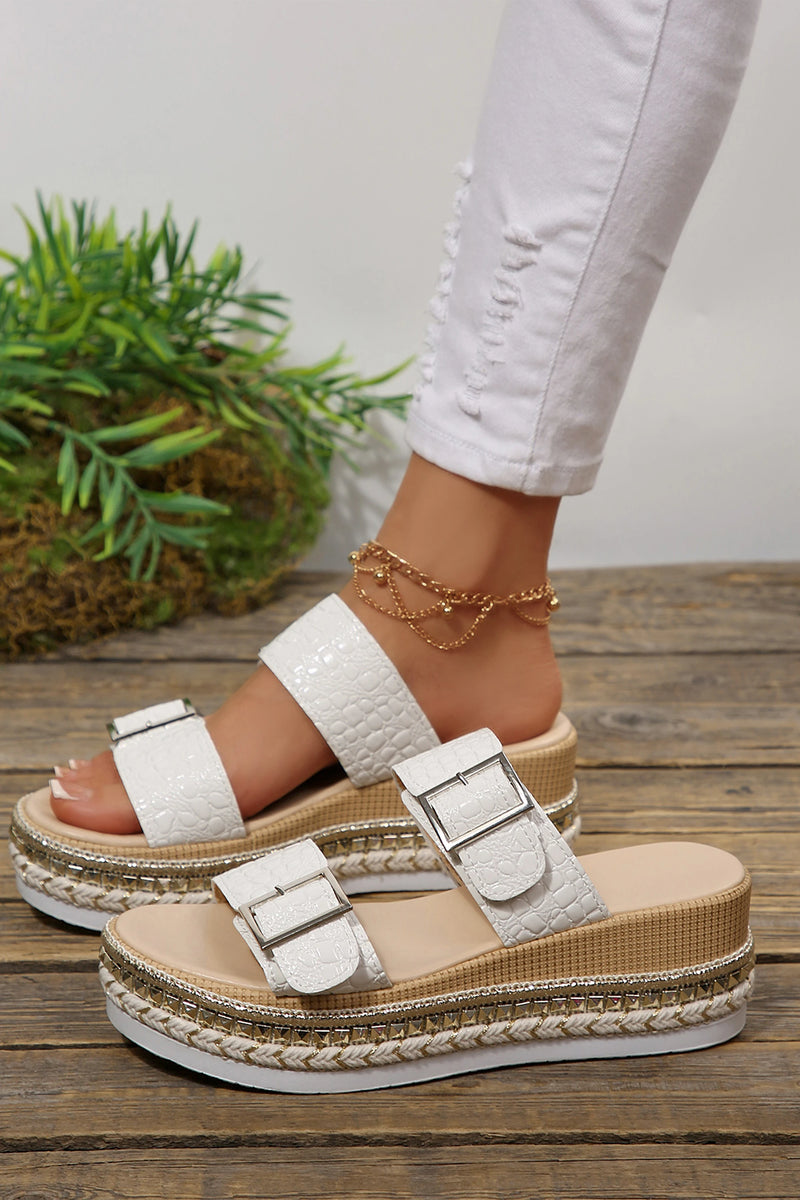 Load image into Gallery viewer, DLLSHOE 162 - White Metallic Textured PU Leather Buckle Wedge Platform Slippers
