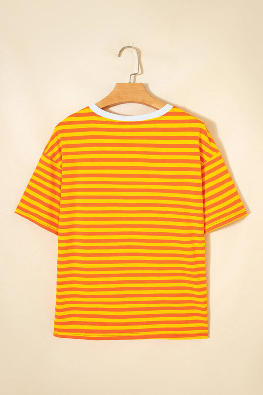 DLLS417 - Ladies Orange Stripe Contrast Crew Neck Drop Shoulder Loose Tee