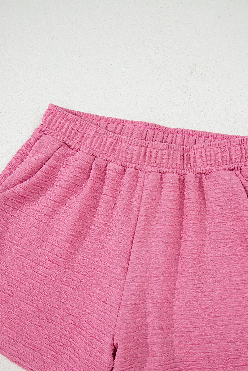 Load image into Gallery viewer, DLLS423 - Ladies Pink Textured V Neck T Shirt and Shorts Set
