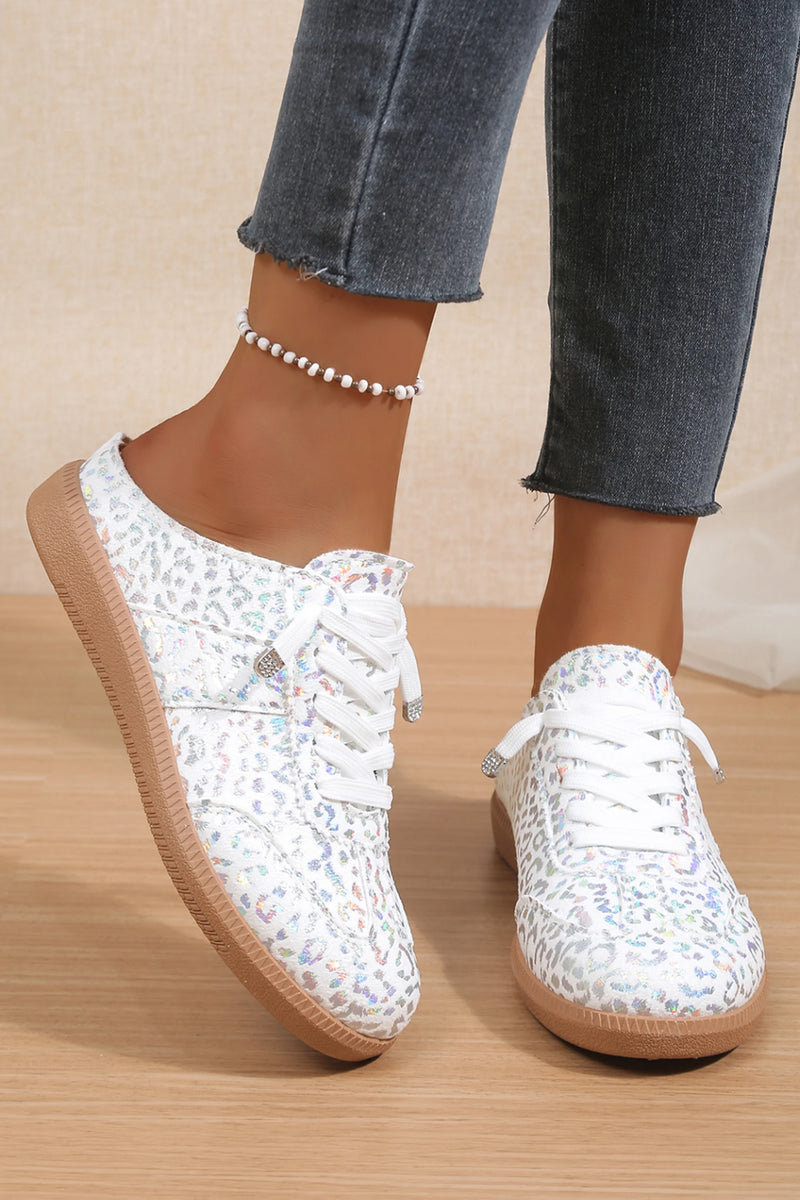 Load image into Gallery viewer, DLLSHOE 87 - White Shiny Leopard Print Lace Up Slip On Shoes
