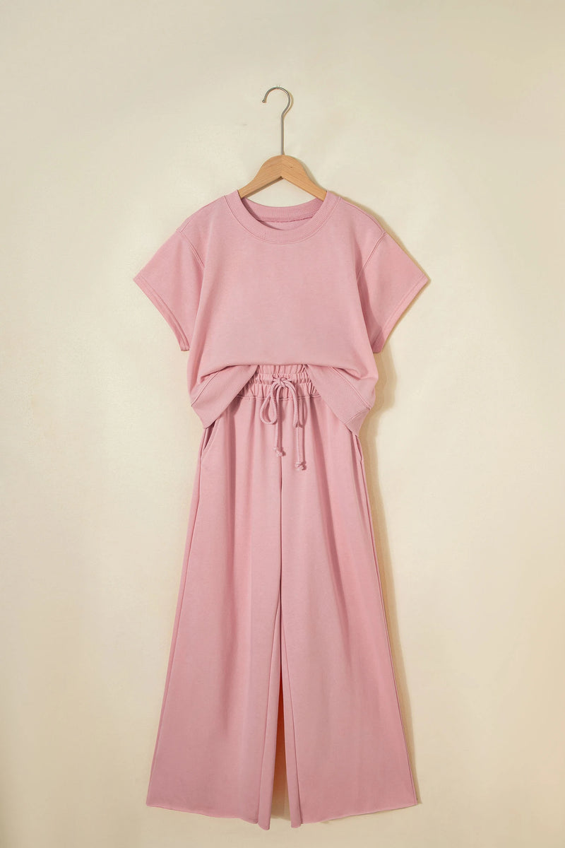 Load image into Gallery viewer, DLLS621 - Ladies Light Pink Solid Color Loose Tee Drawstring Wide Leg Pants 2pcs Outfit
