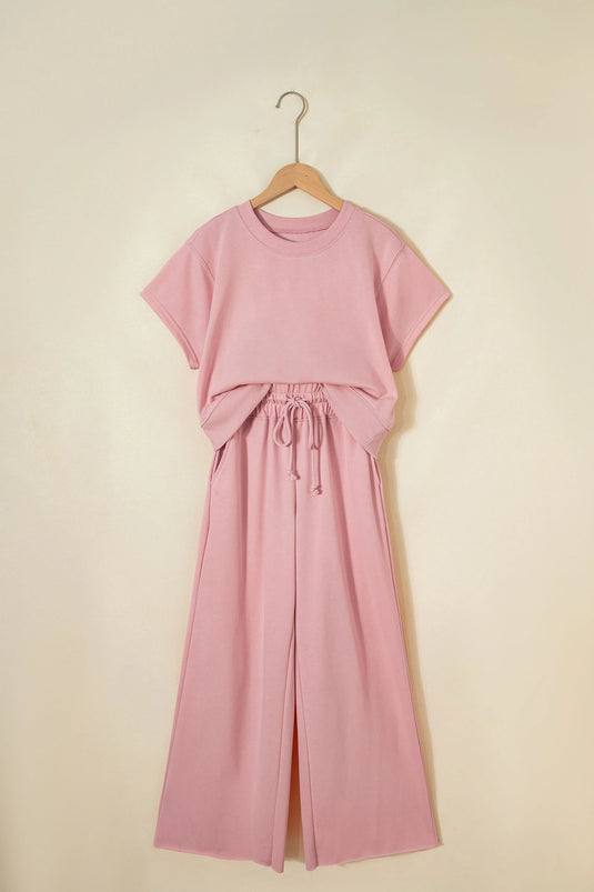DLLS621 - Ladies Light Pink Solid Color Loose Tee Drawstring Wide Leg Pants 2pcs Outfit
