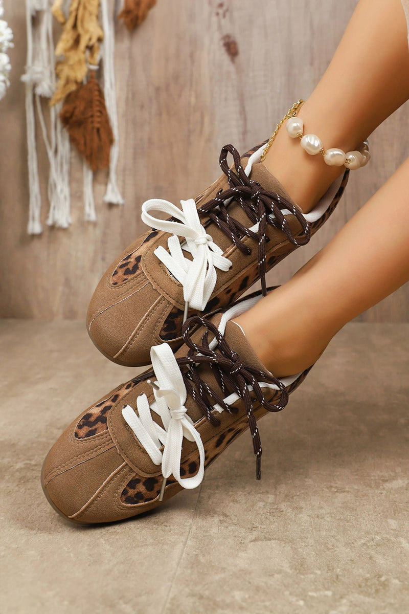 Load image into Gallery viewer, DLLSHOE 168 - Thai Curry Lace-Up PU Leather Leopard Print Casual Flat Shoes
