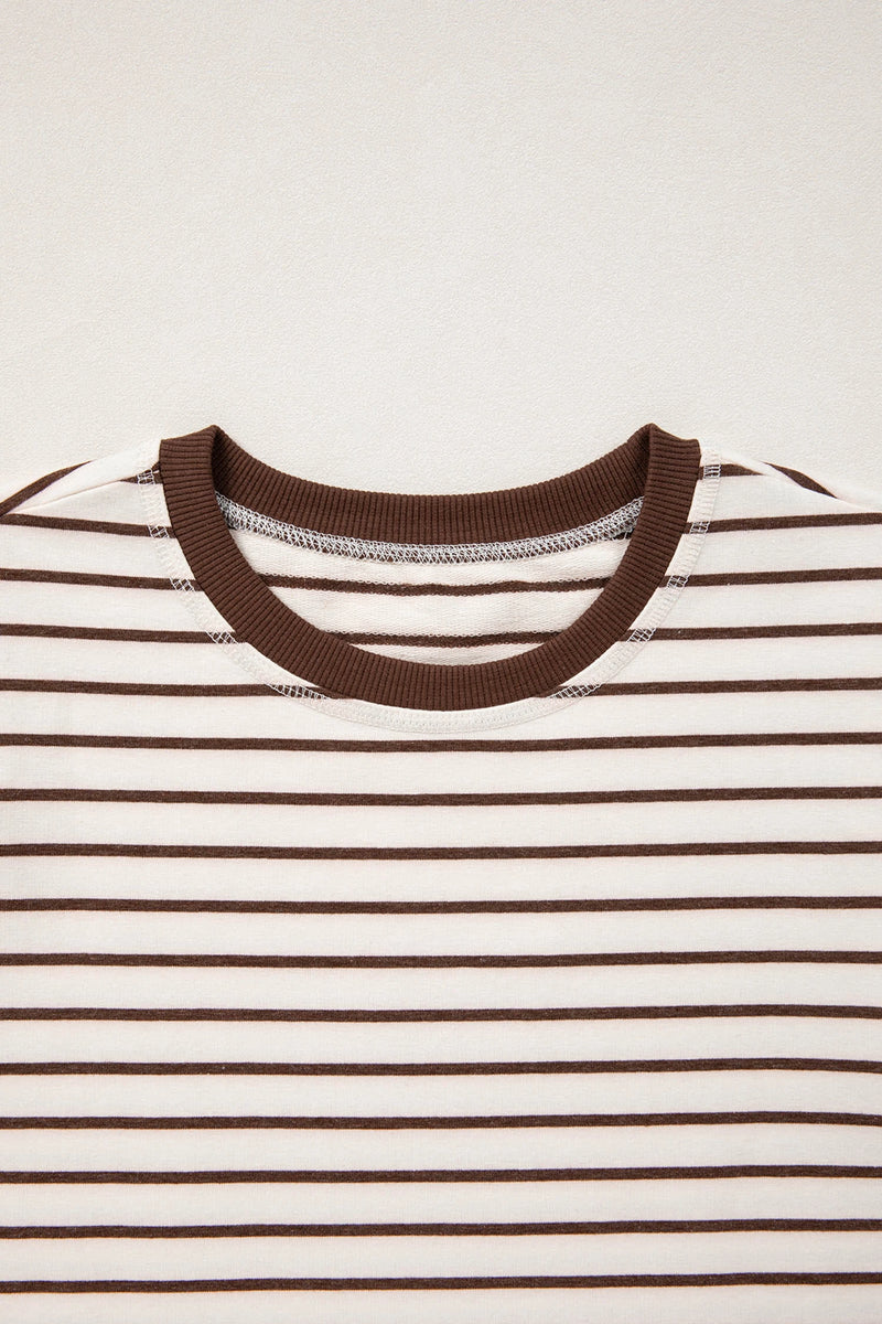 Load image into Gallery viewer, DLLS448 - Ladies Brown Stripe Ribbed Round Neck Trim Loose Tank Top
