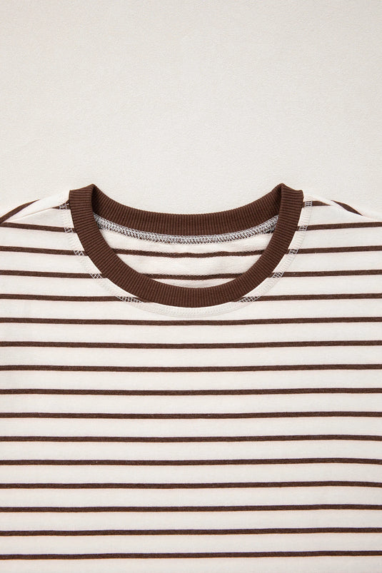 DLLS448 - Ladies Brown Stripe Ribbed Round Neck Trim Loose Tank Top