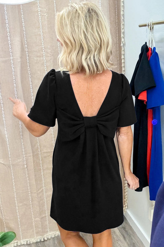 DLLS597 - Ladies Black Bow Decor Backless Short Sleeve Shift Mini Dress
