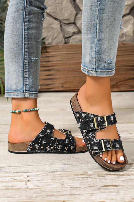 DLLSHOE 119 - Black White Leopard Two-Tone Retro Buckle Straps Faux Slippers