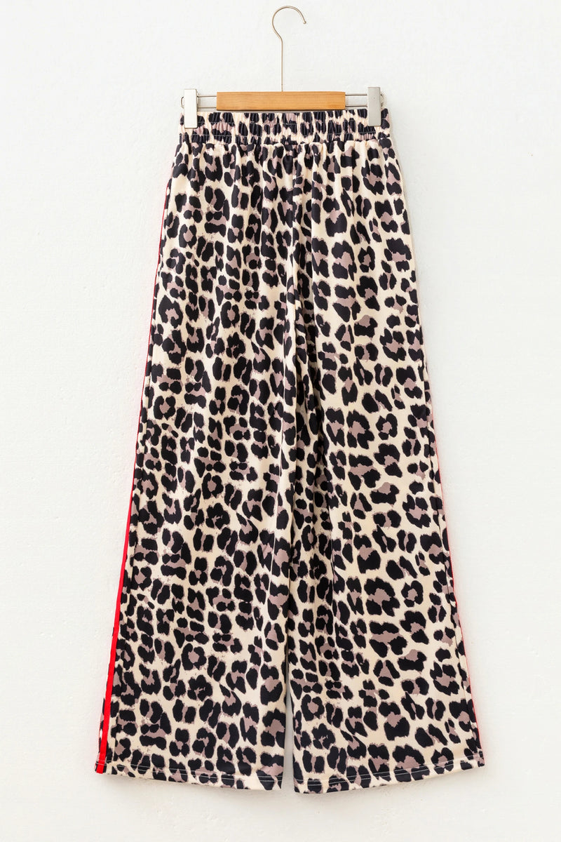 Load image into Gallery viewer, DLLS766 - Ladies Red Contrast Detail Tie Waist Leopard Print Casual Pants
