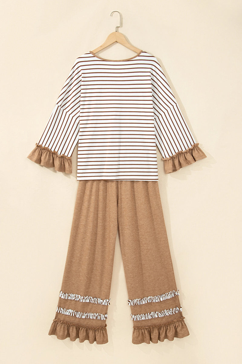 Load image into Gallery viewer, DLLS1030 - Ladies Khaki Stripe V Neck Ruffle Sleeve Top Drawstring Pants 2pcs Set

