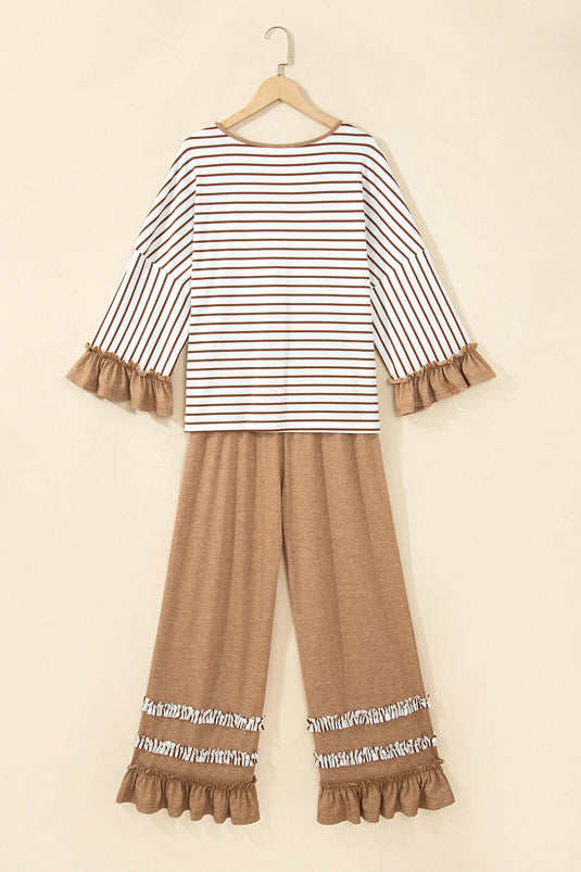 DLLS1030 - Ladies Khaki Stripe V Neck Ruffle Sleeve Top Drawstring Pants 2pcs Set