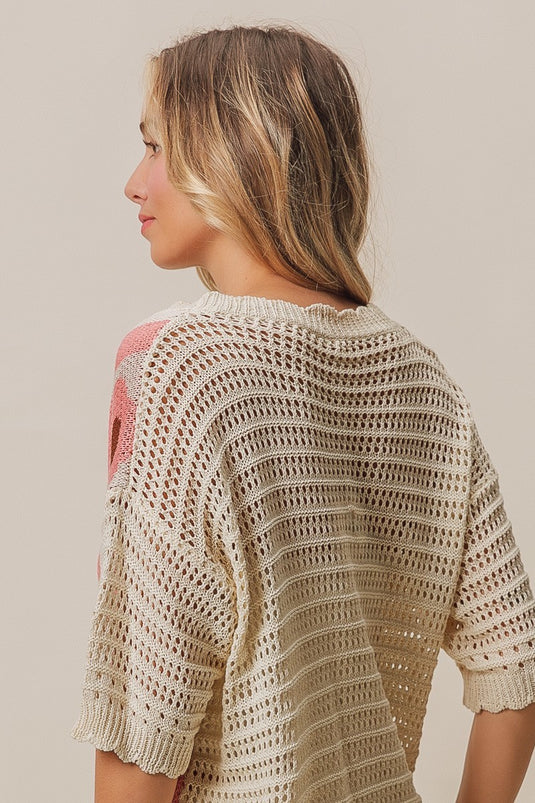 BIBI14- Ladies Flower Printed Crochet Buttoned Cardigan