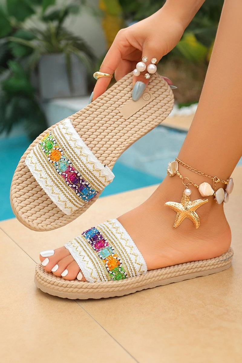 Load image into Gallery viewer, DLLSHOE 5 - Parchment Bohemian Vacation Woven Colorful Detail Wide Band Slippers
