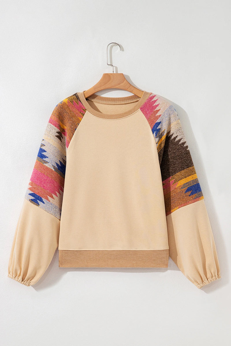 Load image into Gallery viewer, DLLS749 - Ladies Light French Beige Aztec Patchwork Raglan Pullover Sweatshirt

