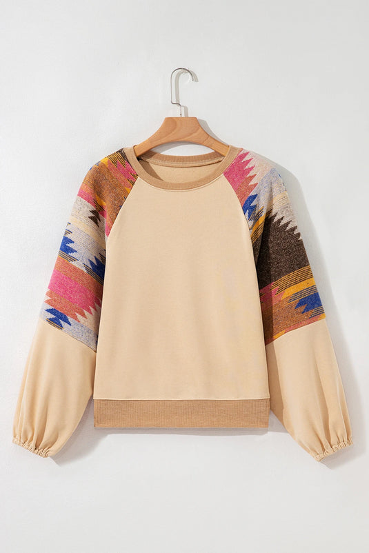 DLLS749 - Ladies Light French Beige Aztec Patchwork Raglan Pullover Sweatshirt