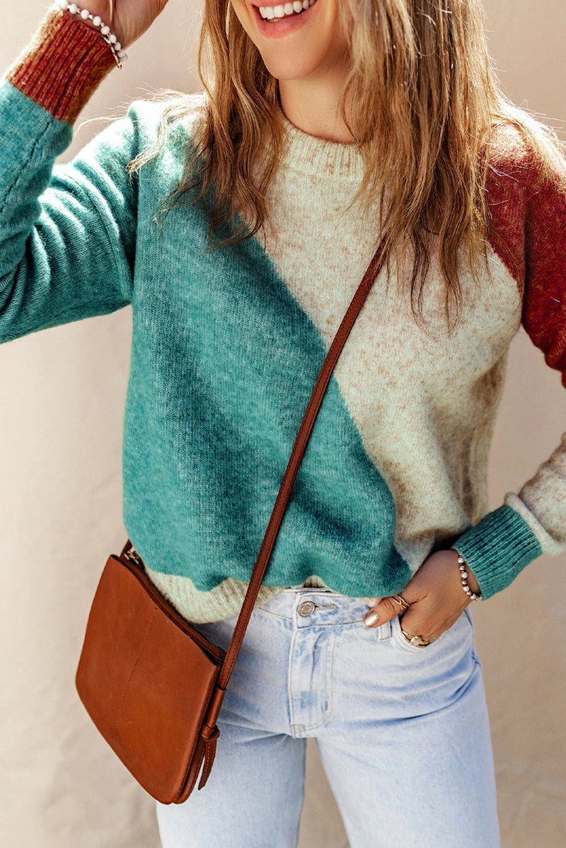 Load image into Gallery viewer, DLLS317 - Ladies Multicolor Colorblock Ribbed Trim Round Neck Sweater
