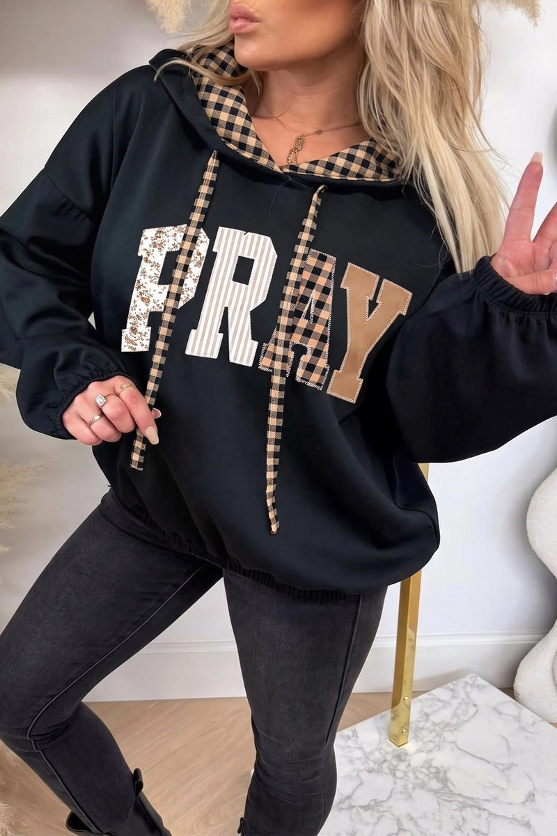Load image into Gallery viewer, DLLS979 - Ladies Black PRAY Mix Pattern Letter Graphic Plaid Contrast Drawstring Hoodie
